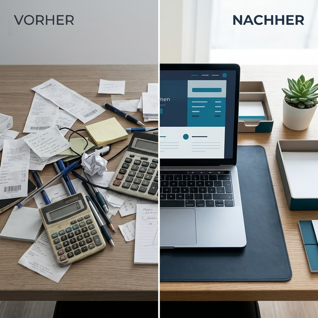 Vorher: Zettelchaos mit Taschenrechnern — Nachher: aufgeräumter Schreibtisch mit digitaler Buchhaltung am Laptop